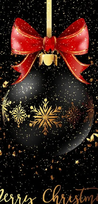 Elegant black ornament with red ribbon and gold snowflakes on Christmas wallpaper.