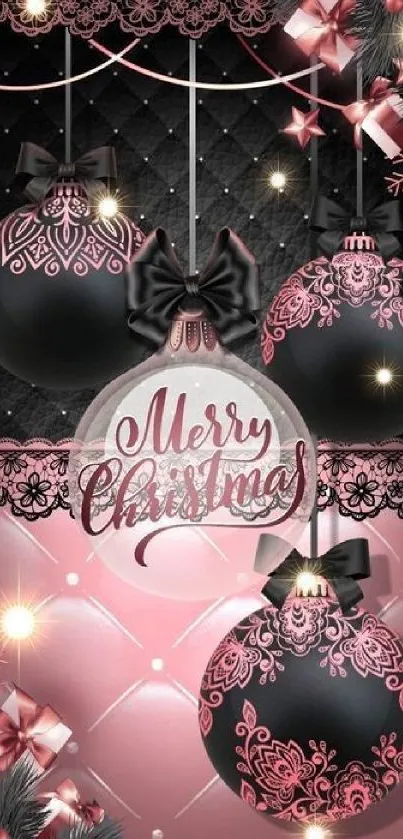 Elegant pink and black Christmas wallpaper with ornaments.