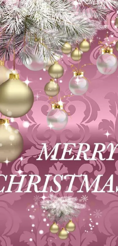 Elegant pink Christmas wallpaper with gold ornaments and festive greeting.