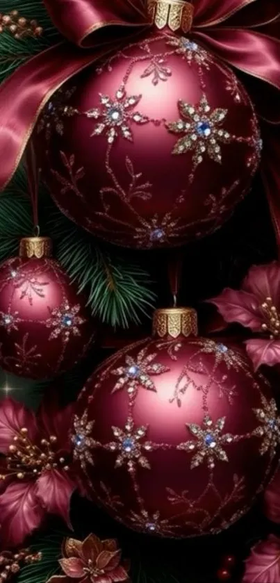 Christmas ornaments with burgundy and floral designs.