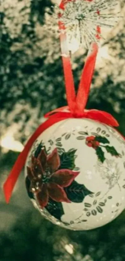 Elegant Christmas bauble on tree with red ribbon detail.