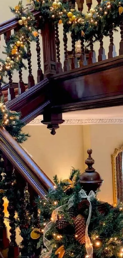 Elegant staircase with Christmas decorations and lights.