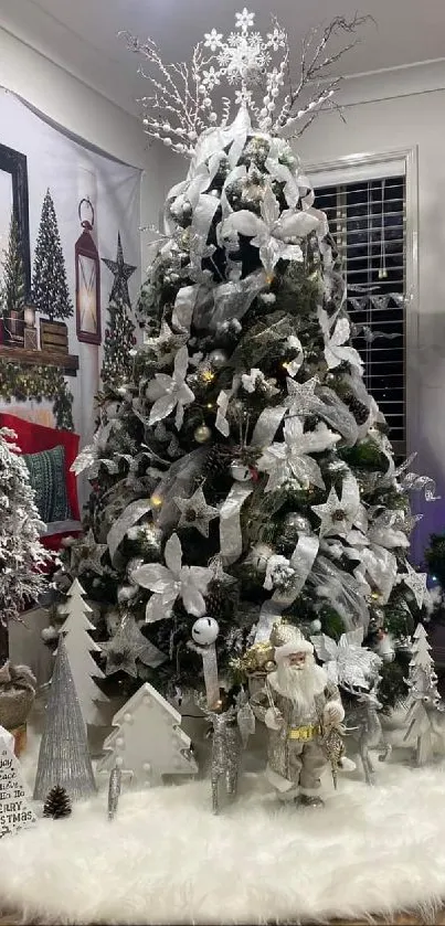 Elegant Christmas tree with silver and white decorations in cozy living room.