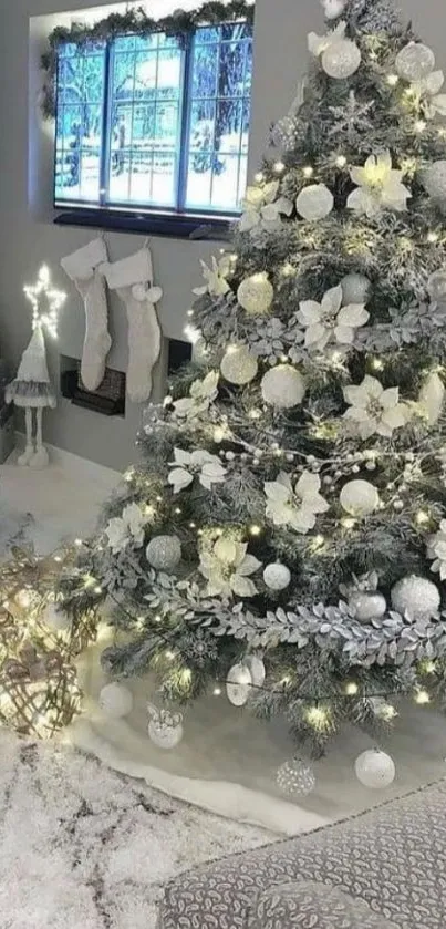 Elegant Christmas tree with white decorations and warm lights.