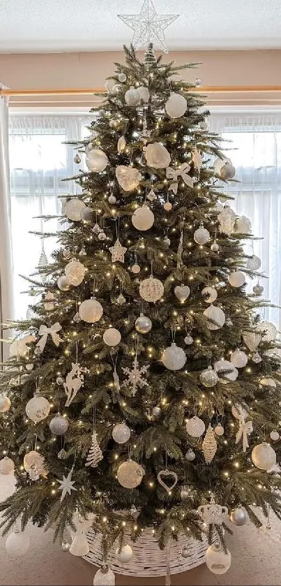 Beautiful Christmas tree with elegant ornaments and warm festive lights.