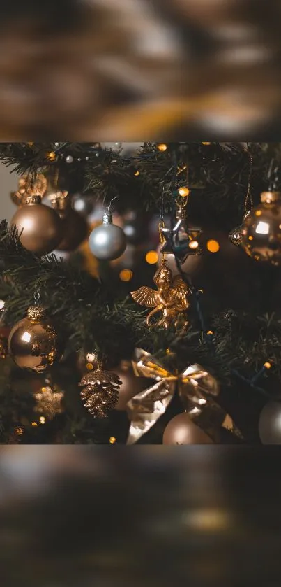 Elegant Christmas tree with gold and bronze ornaments.