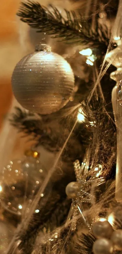 Close-up of a festive Christmas tree with silver ornaments and lights.