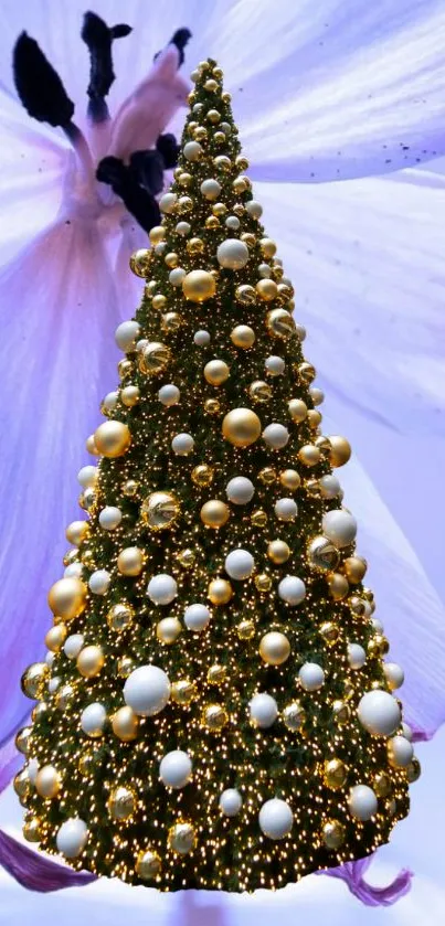 Lavender flower with elegant Christmas tree adorned with gold and white ornaments.