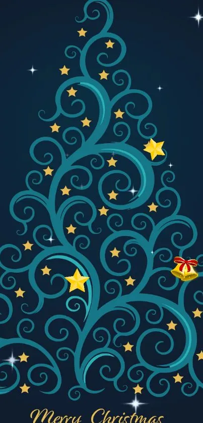 Elegant Christmas tree with teal swirls and golden stars on dark background.