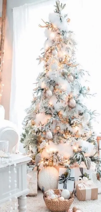 Elegant frosted Christmas tree with warm lights and gifts underneath.