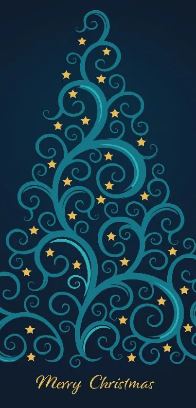 Elegant Christmas tree design with blue swirls and stars on dark background.