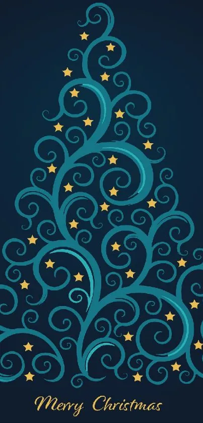 Elegant Christmas tree with swirls and stars on a dark blue background.