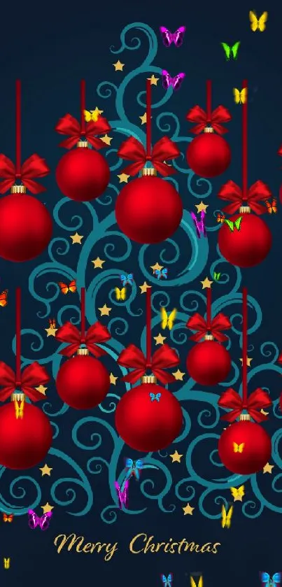 Stylish Christmas tree with red ornaments on a dark blue background.