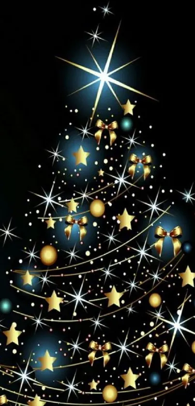 Elegant Christmas tree wallpaper with stars and golden ornaments on a dark background.