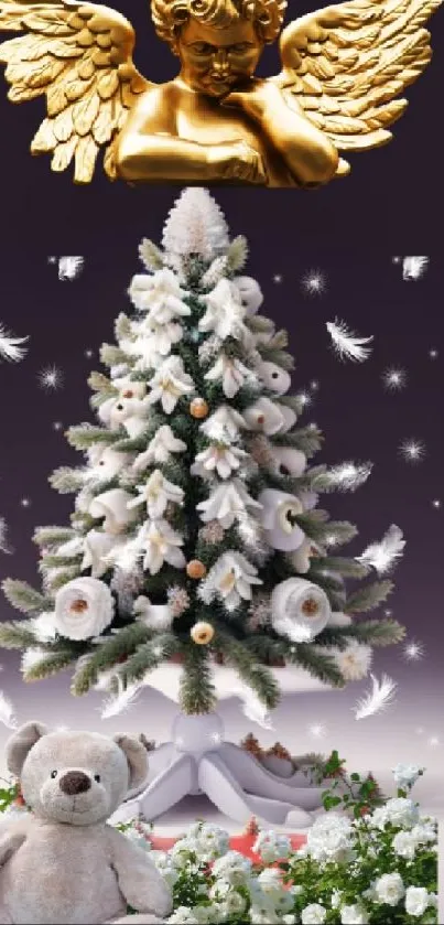 Elegant Christmas tree with angel and teddy bear on wallpaper.