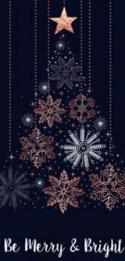 Dark Christmas tree wallpaper with snowflakes and star.