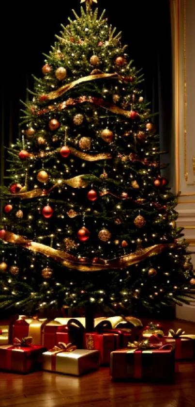 Elegant Christmas tree with gifts and golden ribbons in a festive setting.