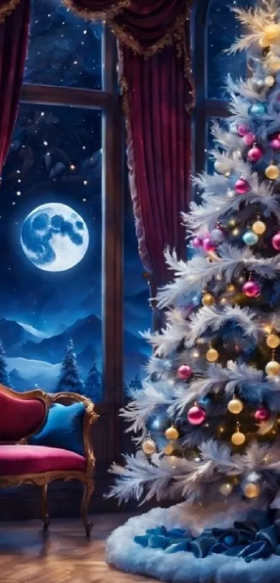 Elegant Christmas tree in moonlit room.