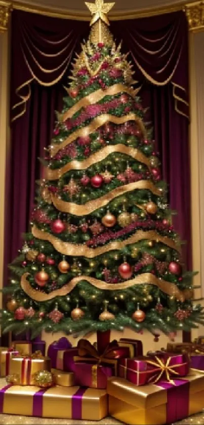 Elegant Christmas tree with golden ornaments and draped purple curtains.