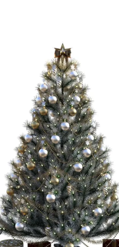 Elegant Christmas tree decorated with gold ornaments and star topper.