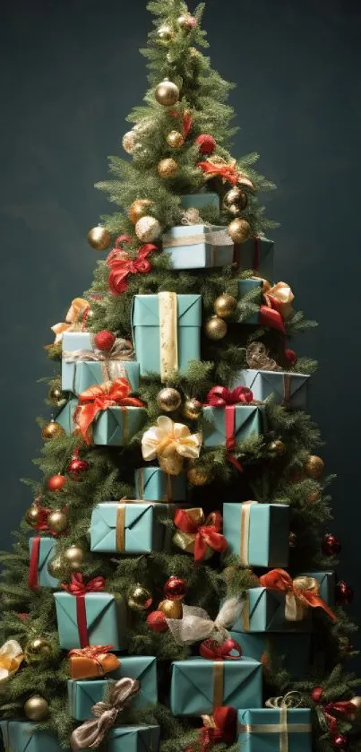 Elegant Christmas tree adorned with gifts and decorations.