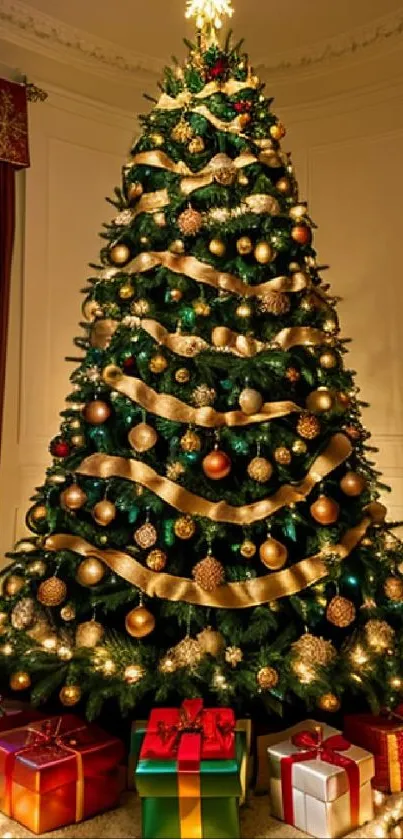 Beautiful Christmas tree with lights and gifts, perfect holiday wallpaper.