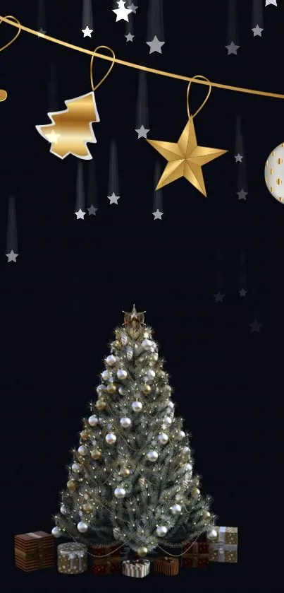 Elegant Christmas tree with gold and star decorations on a dark backdrop.