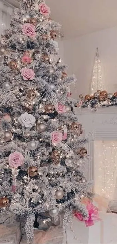 Elegant Christmas tree with pink accents and a decorated fireplace.