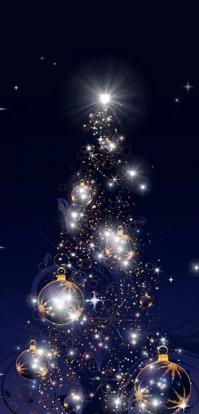 Elegant Christmas tree with glowing ornaments on a dark blue wallpaper background.