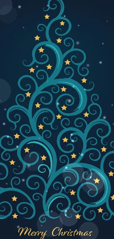 Teal and gold Christmas tree wallpaper with elegant swirls.