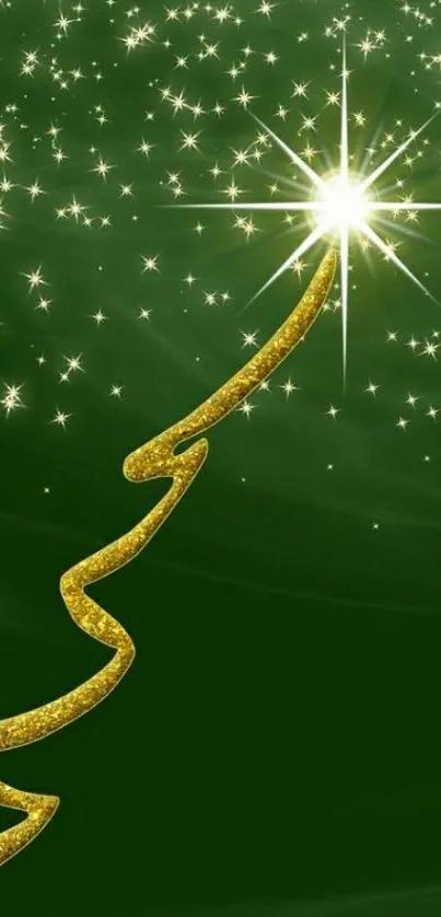 Elegant green Christmas tree wallpaper with gold star decoration.