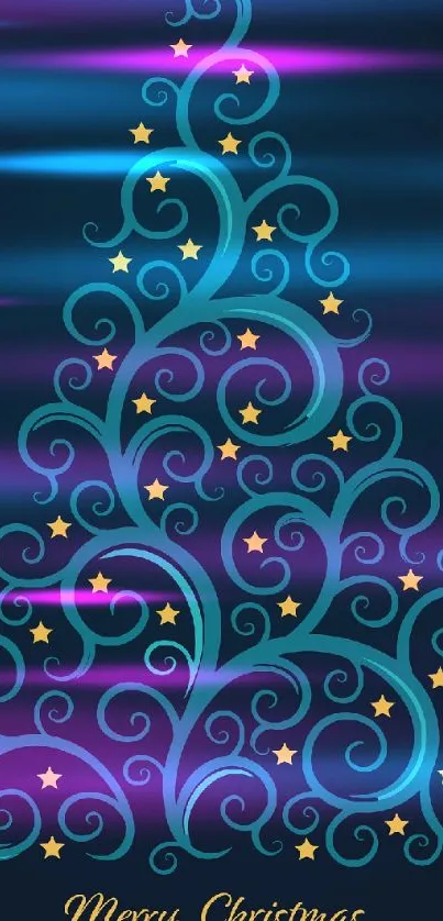 Elegant Christmas tree on dark blue background with swirls and stars.