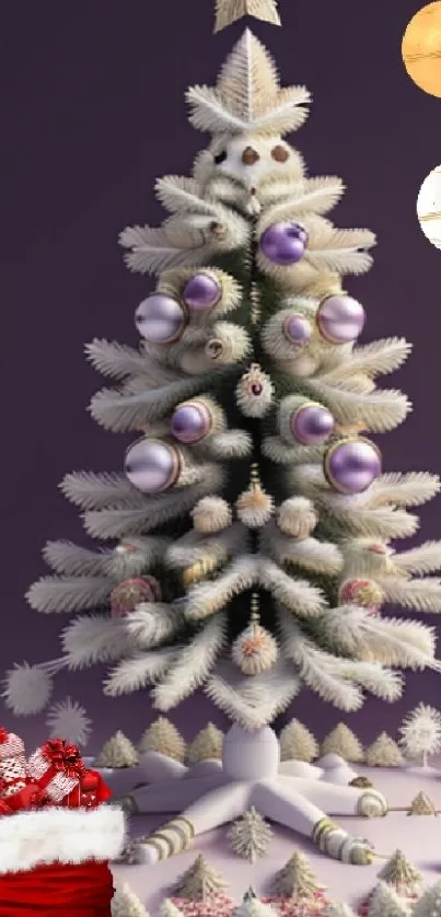 Elegant white Christmas tree with purple baubles in a festive setting.