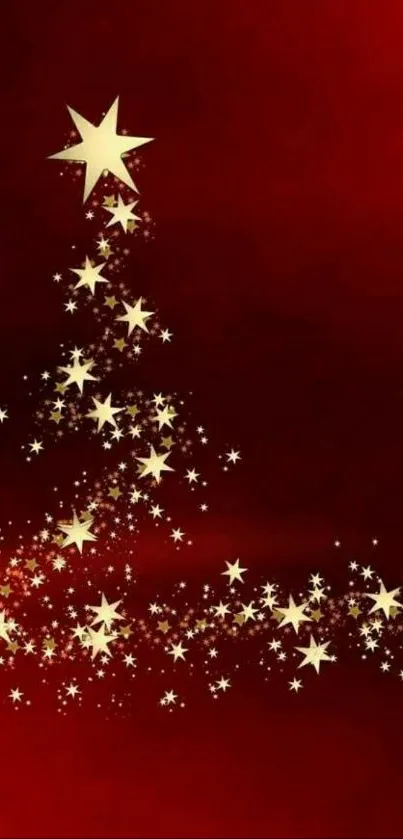 Golden star Christmas tree on red background wallpaper.