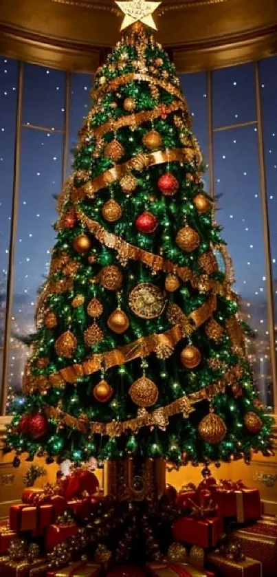 Beautifully decorated Christmas tree with gifts at the base.