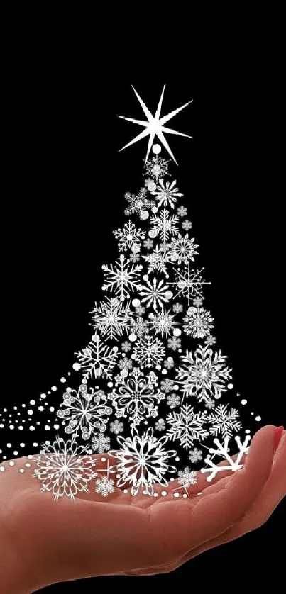 Hand holding a shimmering silver Christmas tree on a black background wallpaper.