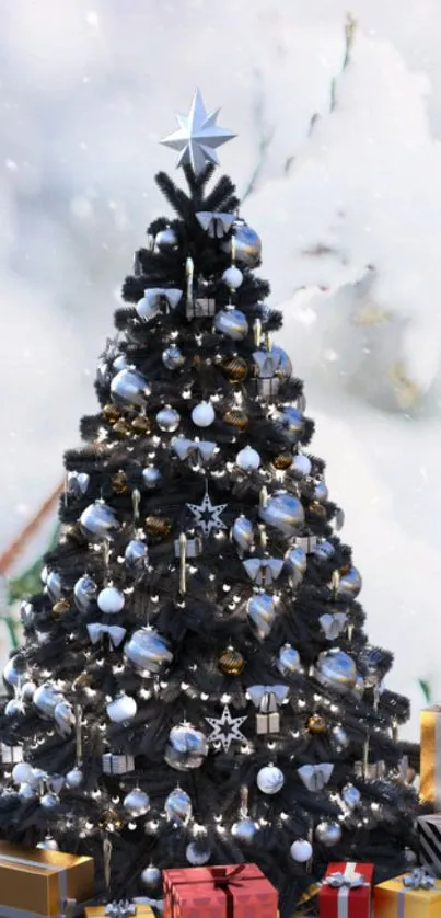 Elegant black Christmas tree with gifts and silver ornaments.