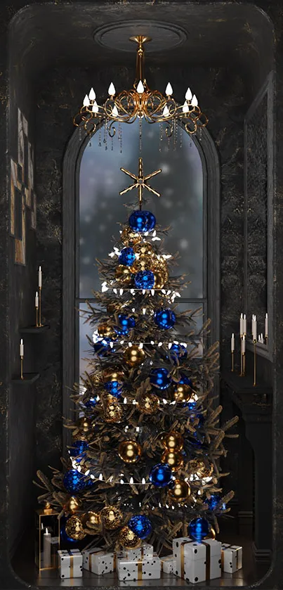 Elegant Christmas tree with blue and gold decorations under a chandelier.