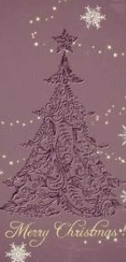 Elegant Christmas tree pattern with snowflakes on mauve background.