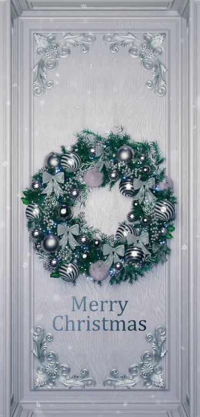 Festive silver Christmas wreath on elegant background.