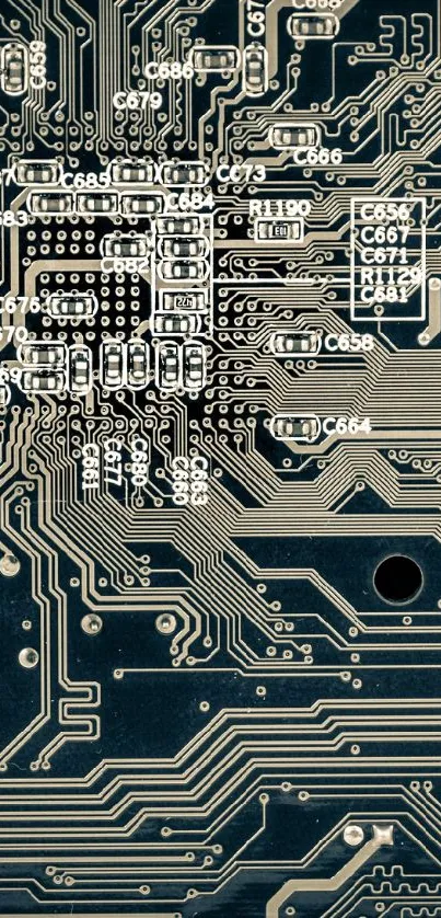 Intricate circuit board design on mobile wallpaper in dark green tones.