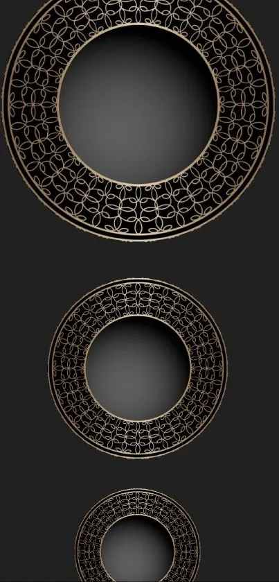 Elegant dark-themed wallpaper with golden circular patterns.