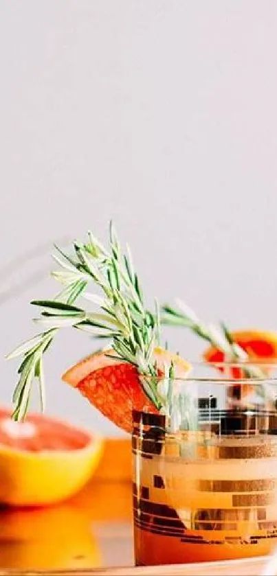 Elegant setup of citrus drinks with rosemary in warm tones.