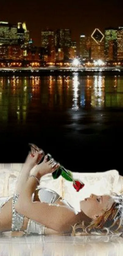 Elegant woman by city skyline at night.