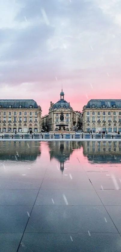 Historic city's reflection at dusk with elegant architecture.