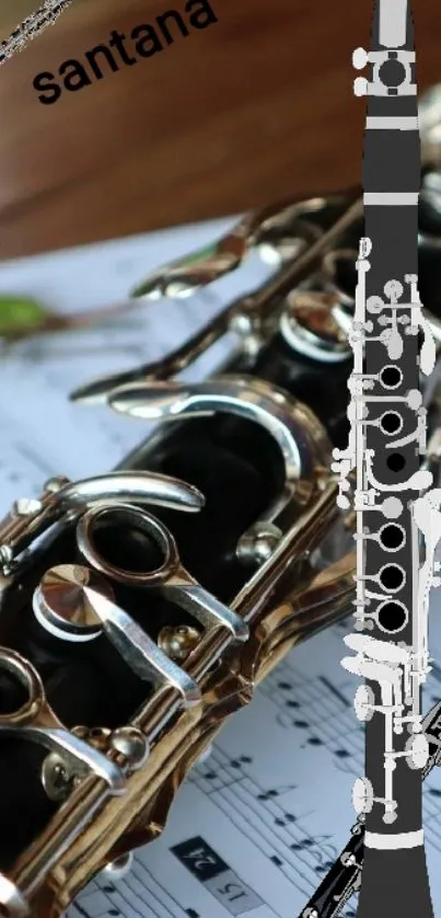 Clarinet laying on sheet music with artistic design.