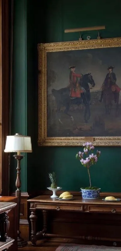 Elegant classic room with vintage painting in green interior.
