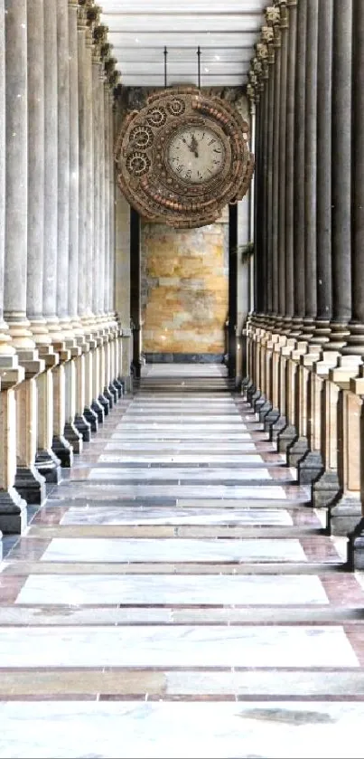 Classical corridor with elegant stone columns and detailed ceiling.