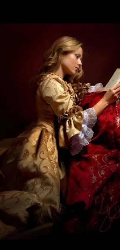 Elegant painting of woman in golden dress reading a book.