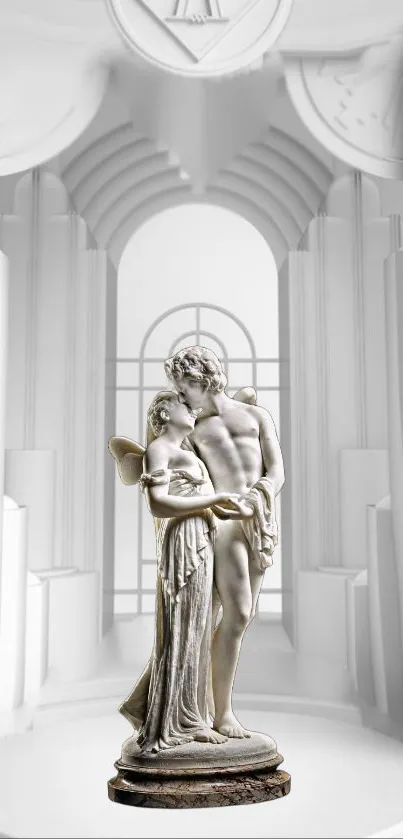 Classical sculpture with white architectural background on mobile wallpaper.